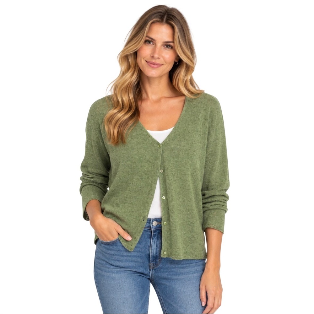 Eileen Fisher V-Neck Button Front Cardigan Sweater Green Linen Blend Large